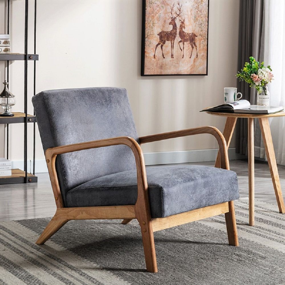 Classic Mid-Century Modern Accent Chairs, Open Framed Armchair With Cushioning, - Light Gray