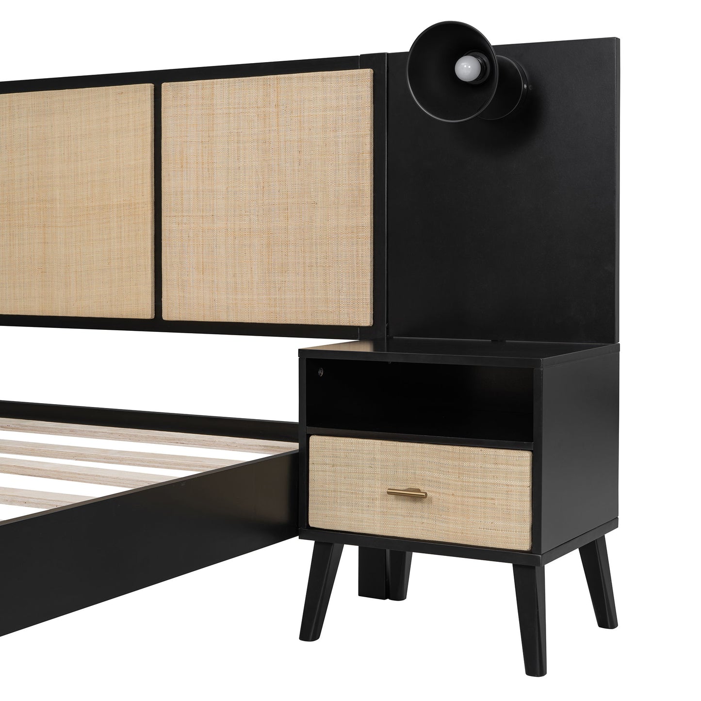 Queen Size Bed Frame With 2 Nightstands Elegant Design With Lamps - Black