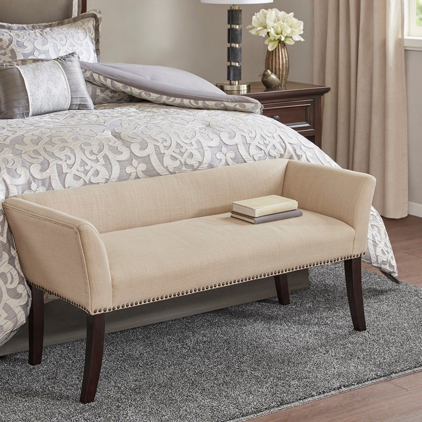 Modern Design Bench Upholstery Solid Wood Frame - Tan