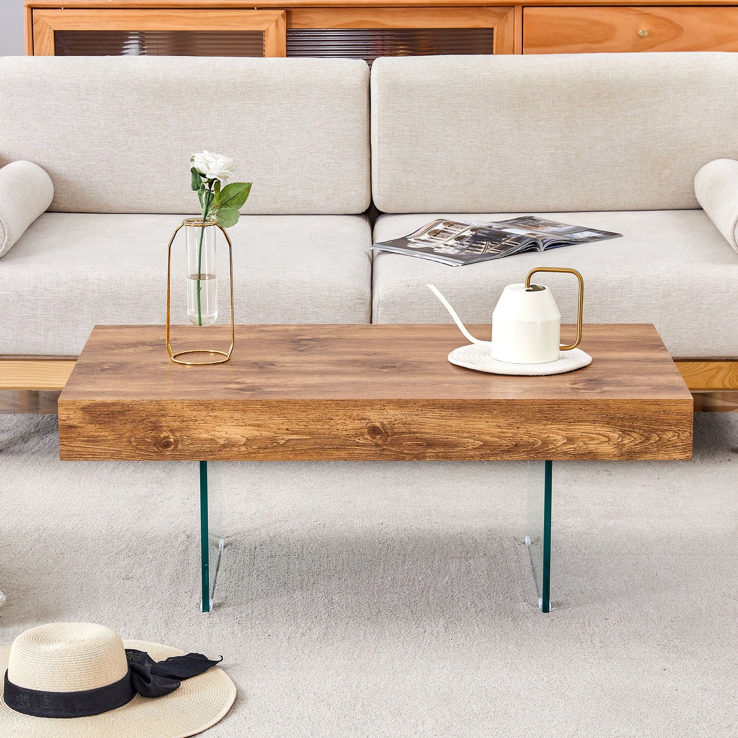 Natural Style Coffee Table With Glass Legs - Wood Grain Texture