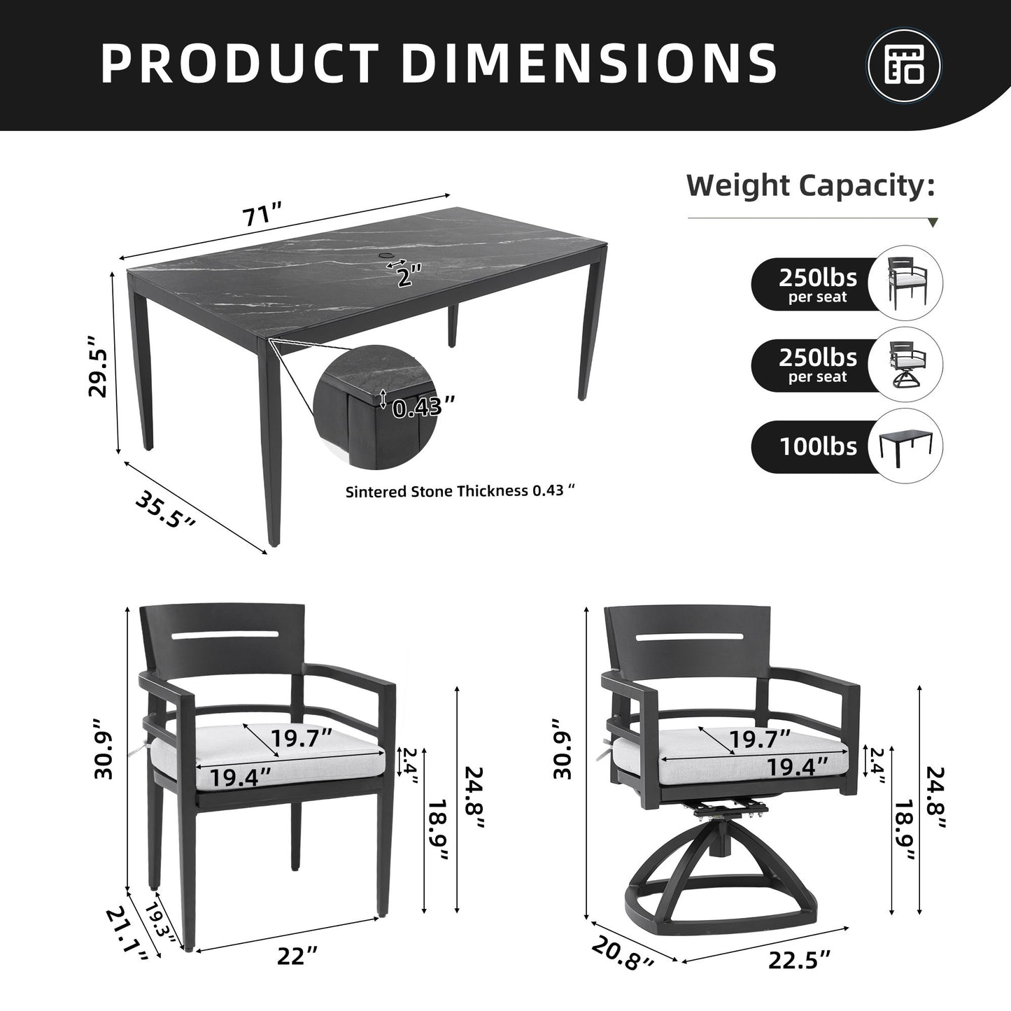 7 Pieces Modern Outdoor Patio Dining Set, Rectangular Table, 4 Chairs & 2 Swivel Rockers, Sunbrella Cushions - Ember Black