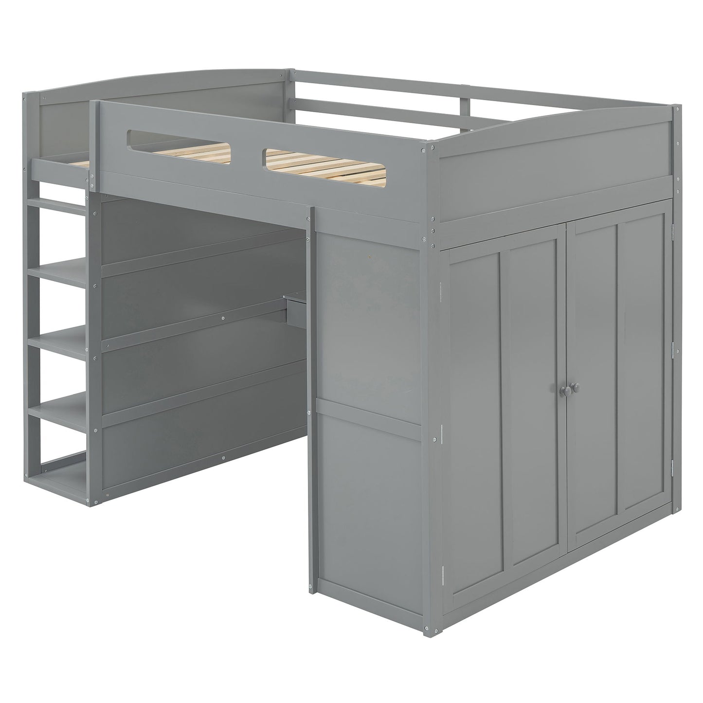 Full Size Loft Bed With Desk, Wardrobes, 4 Drawers And 4 Shelves - Gray