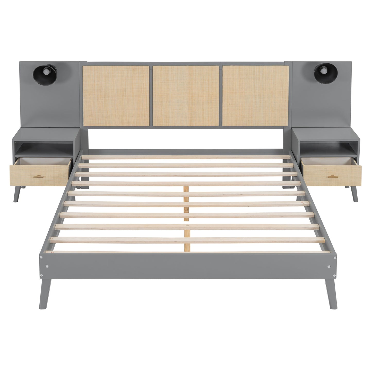 Queen Size Bed Frame With 2 Nightstands Elegant Design With Lamps - Gray