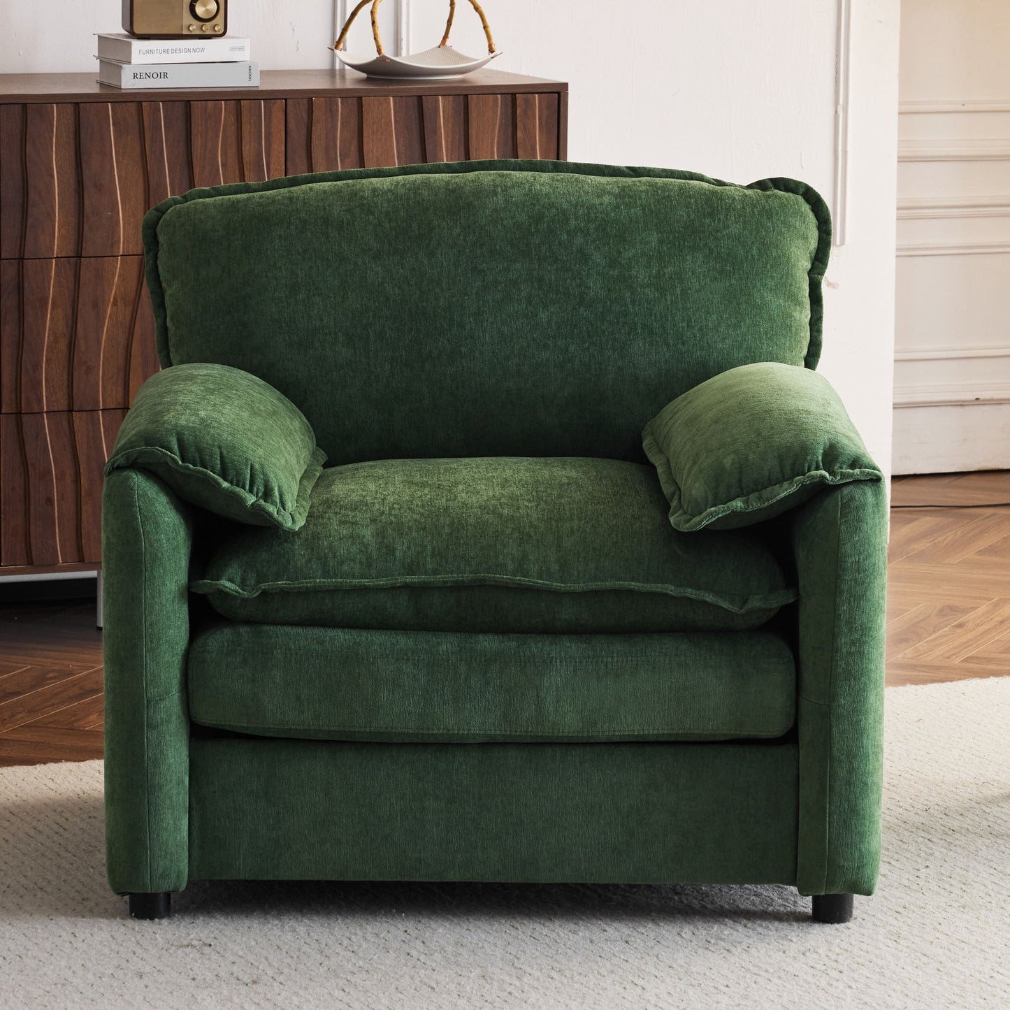 Oversized Reading Armchair With Thick Cushions, High Back Support - Green