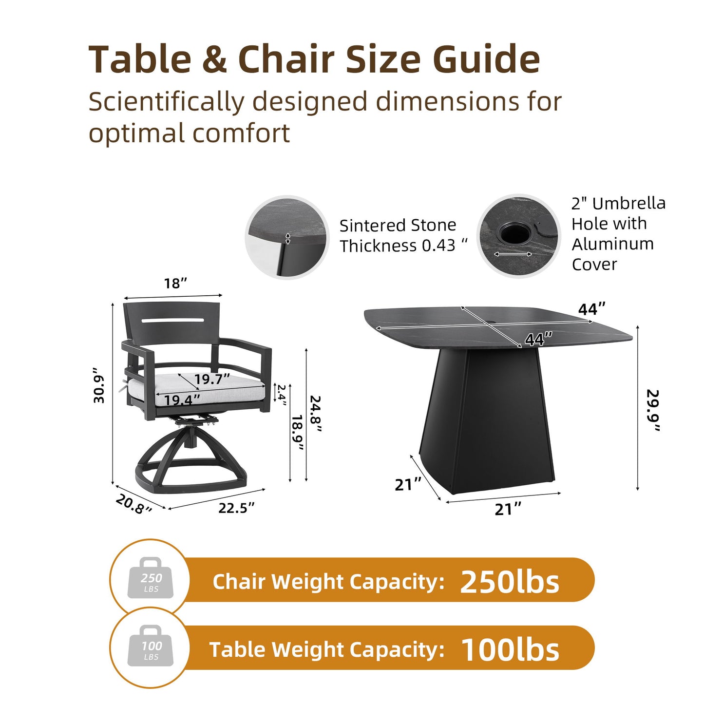 5 Piece Outdoor Pedestal Dining Set, Rounded Square Table With Flared Base And 4 Swivel Rockers - Ember Black