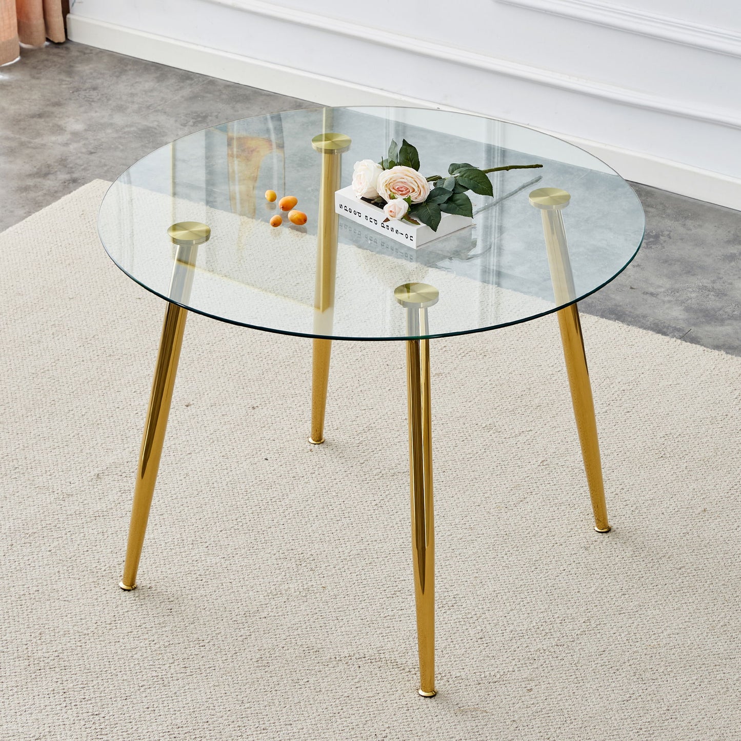 Modern Minimalist Circular Dining Table With Clear Glass Top And Electroplated Metal Legs - Gold / Transparent