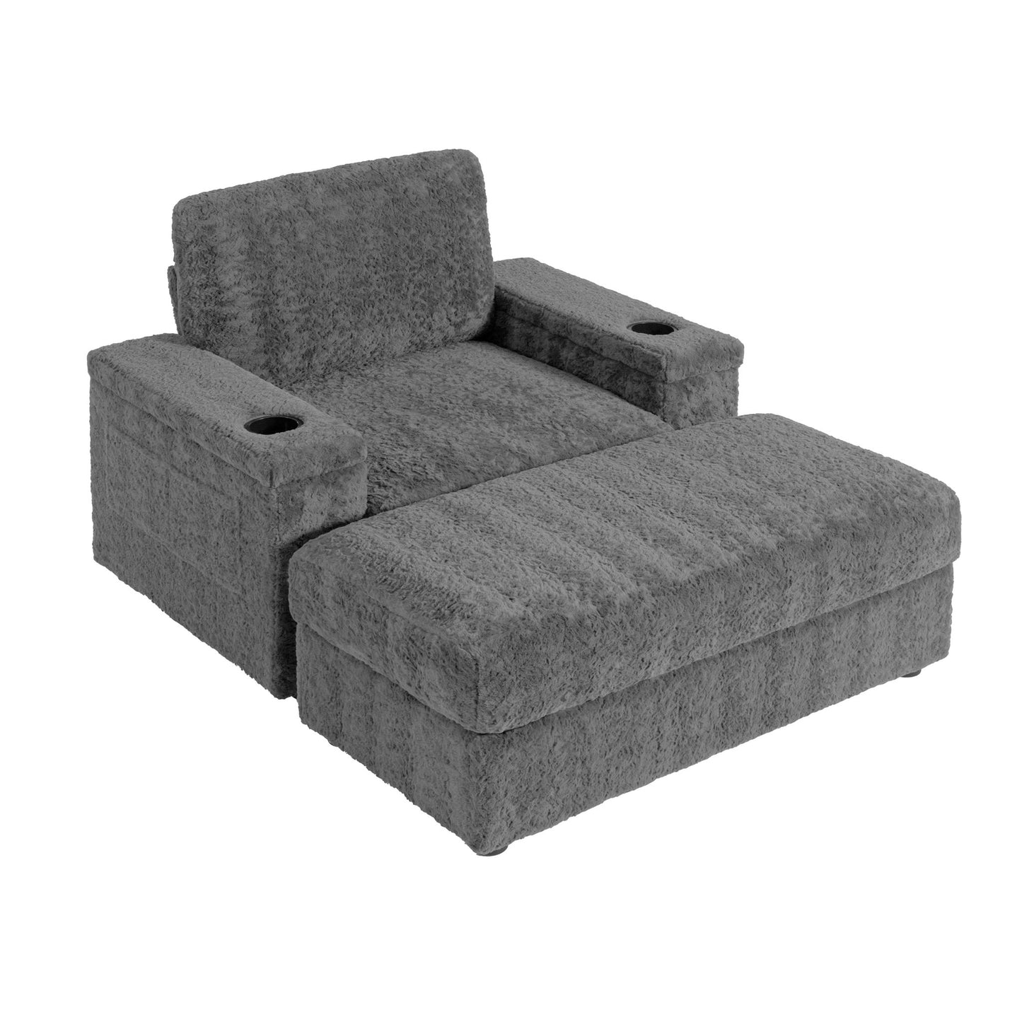 Oversized Chaise Lounge Indoor Rabbit Fur Sofa Bed With Storage Ottoman And Armrests Cup Holders With Deep Seat - Gray