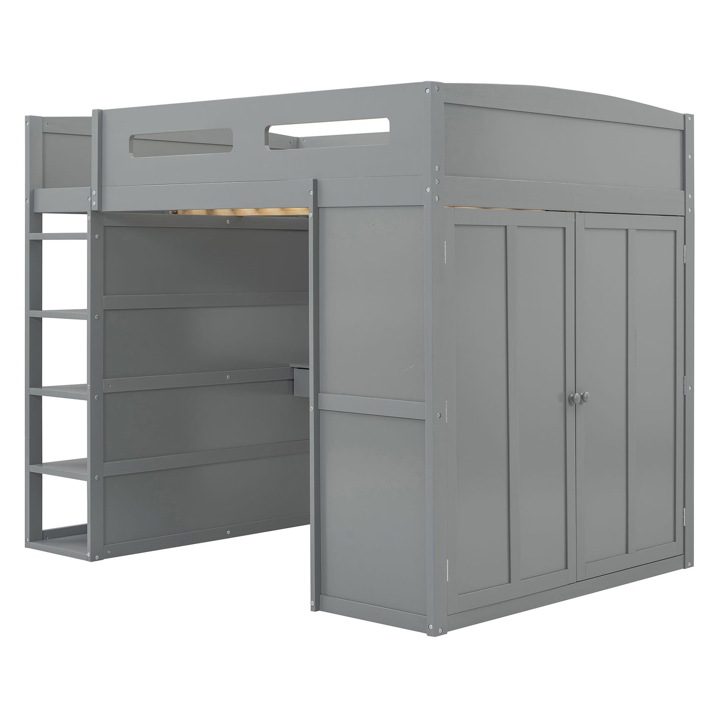 Full Size Loft Bed With Desk, Wardrobes, 4 Drawers And 4 Shelves - Gray