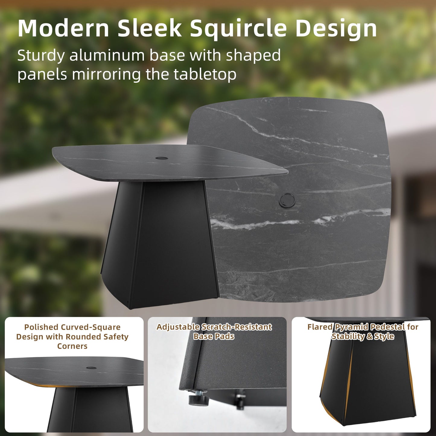 5 Piece Outdoor Pedestal Dining Set, Rounded Square Table With Flared Base And 4 Swivel Rockers - Ember Black