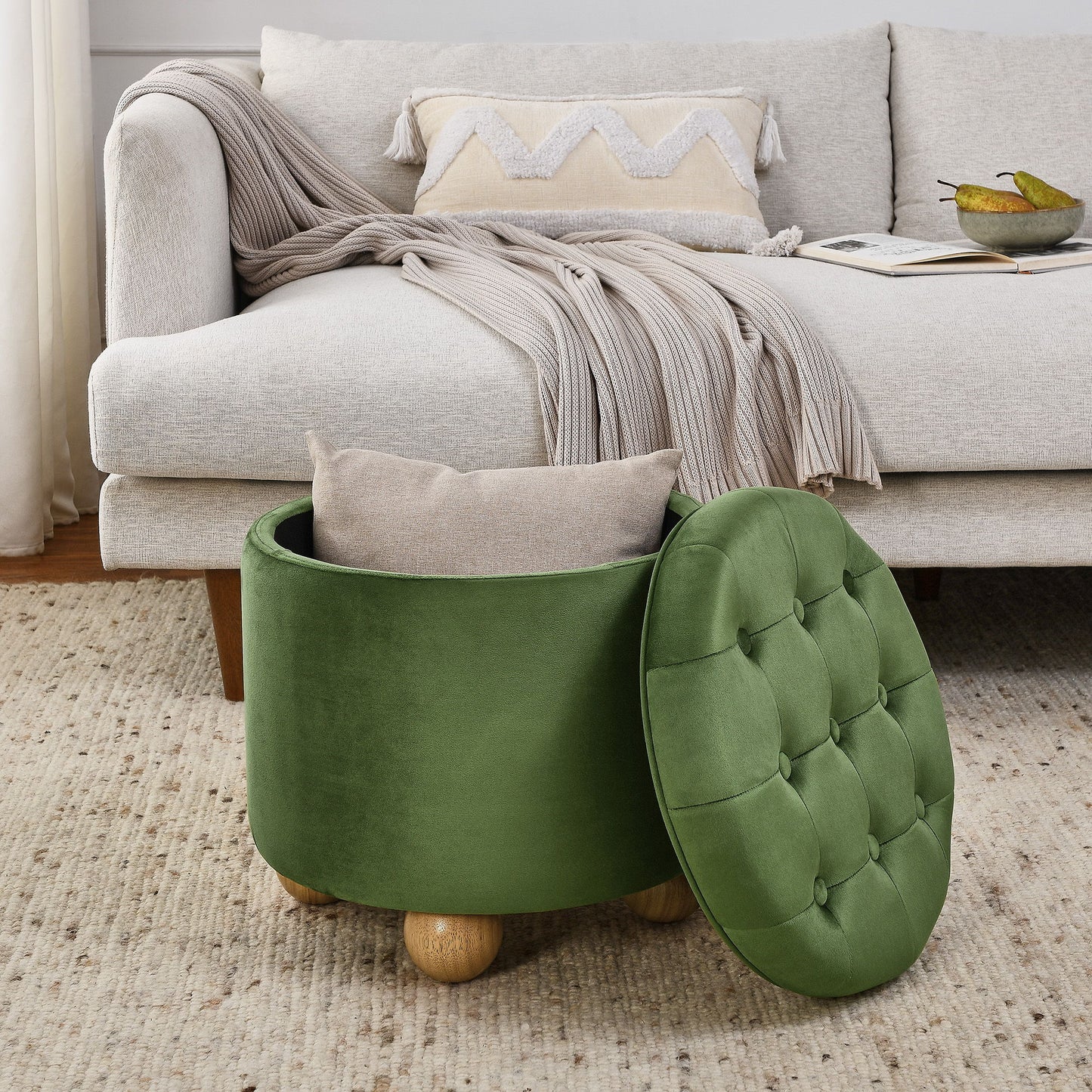Modern Round Linen Storage Ottoman With Table Top Lid And Storage Space