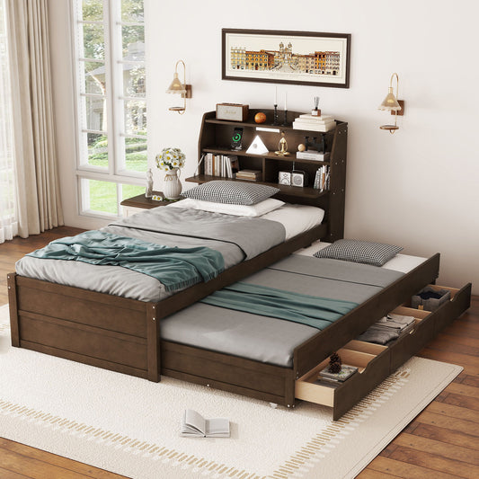 LED Platform Bed With Trundle With Storage Headboard With Drawers