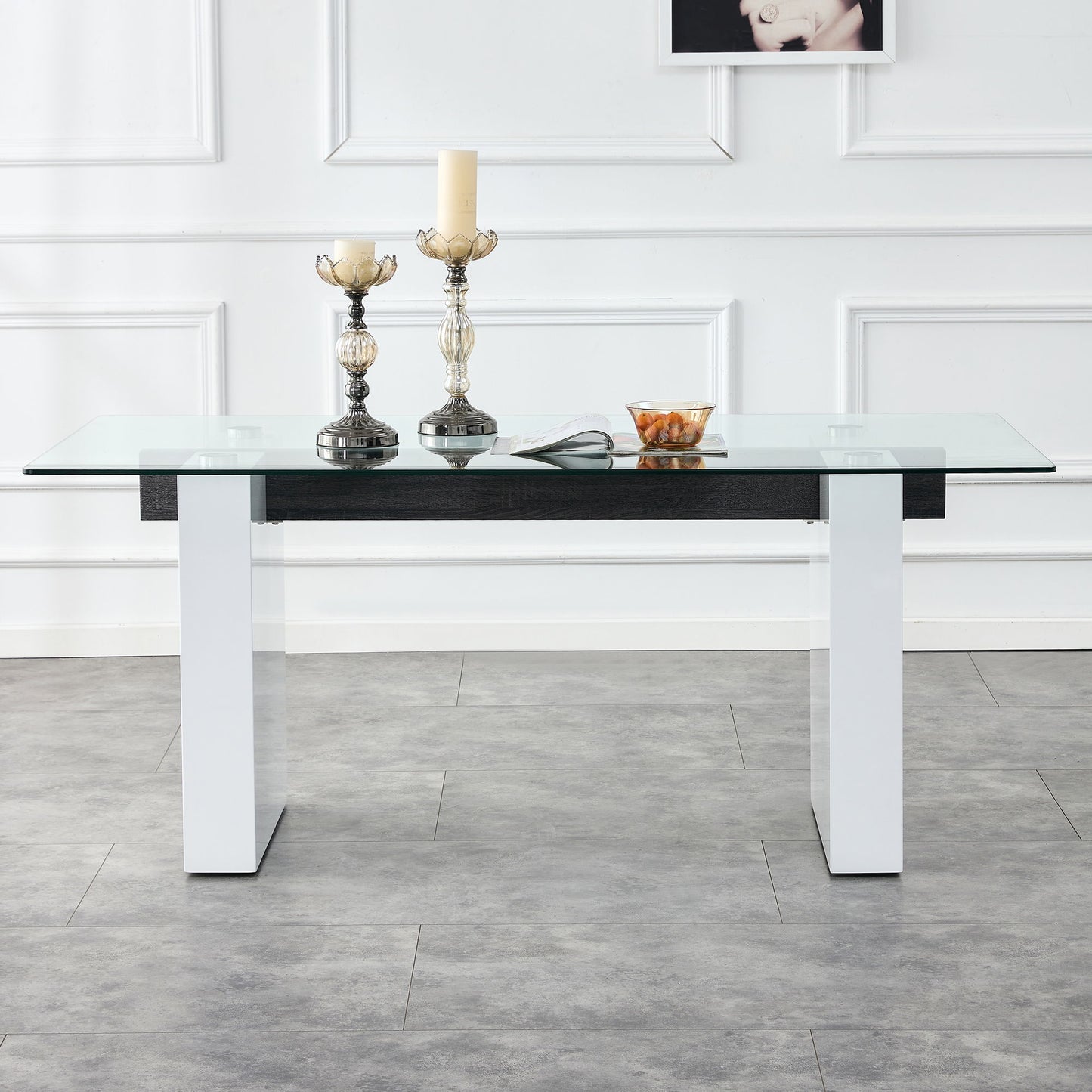Modern Rectangular Table With Patterned Top And Large Legs For Kitchen And Dining - White
