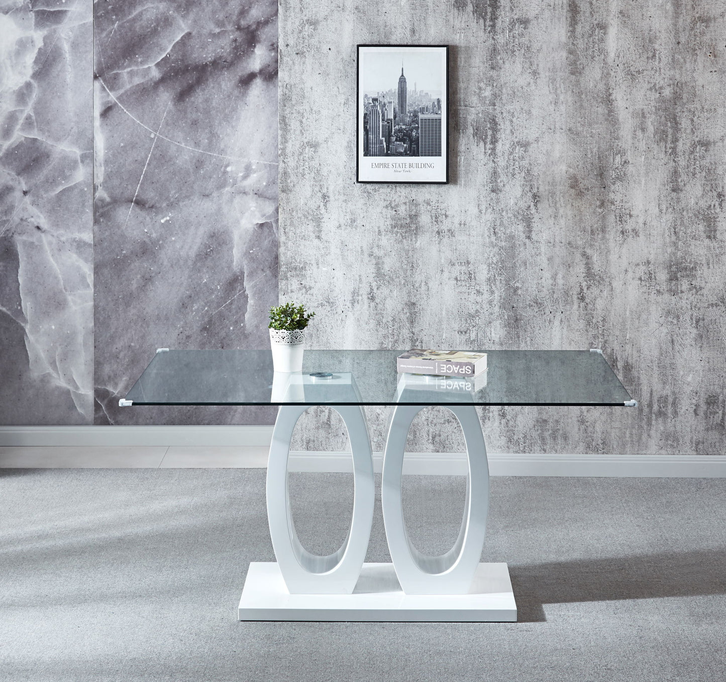 Contemporary Double Pedestal Dining Table, Tempered Glass Top
