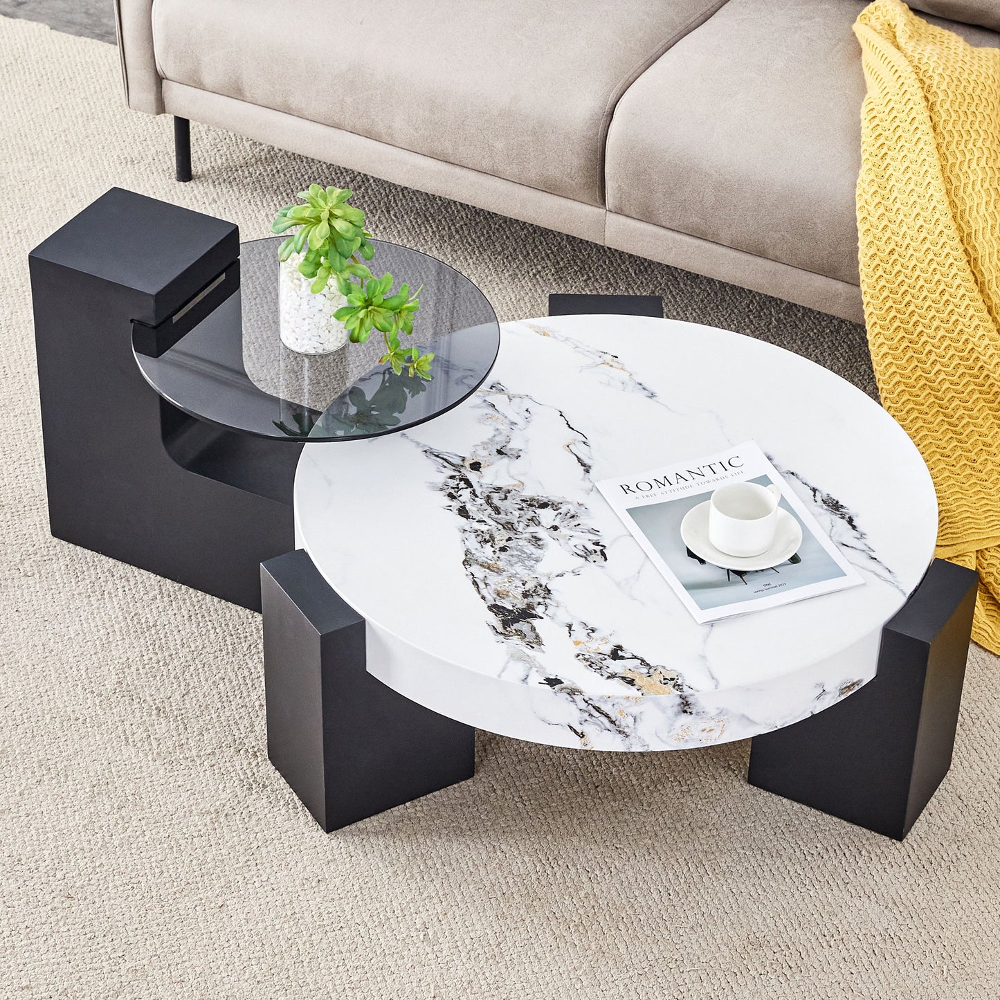 Modern Simple Double Layer Round Coffee Table Transparent Glass Top With L Shaped Legs - White / Black