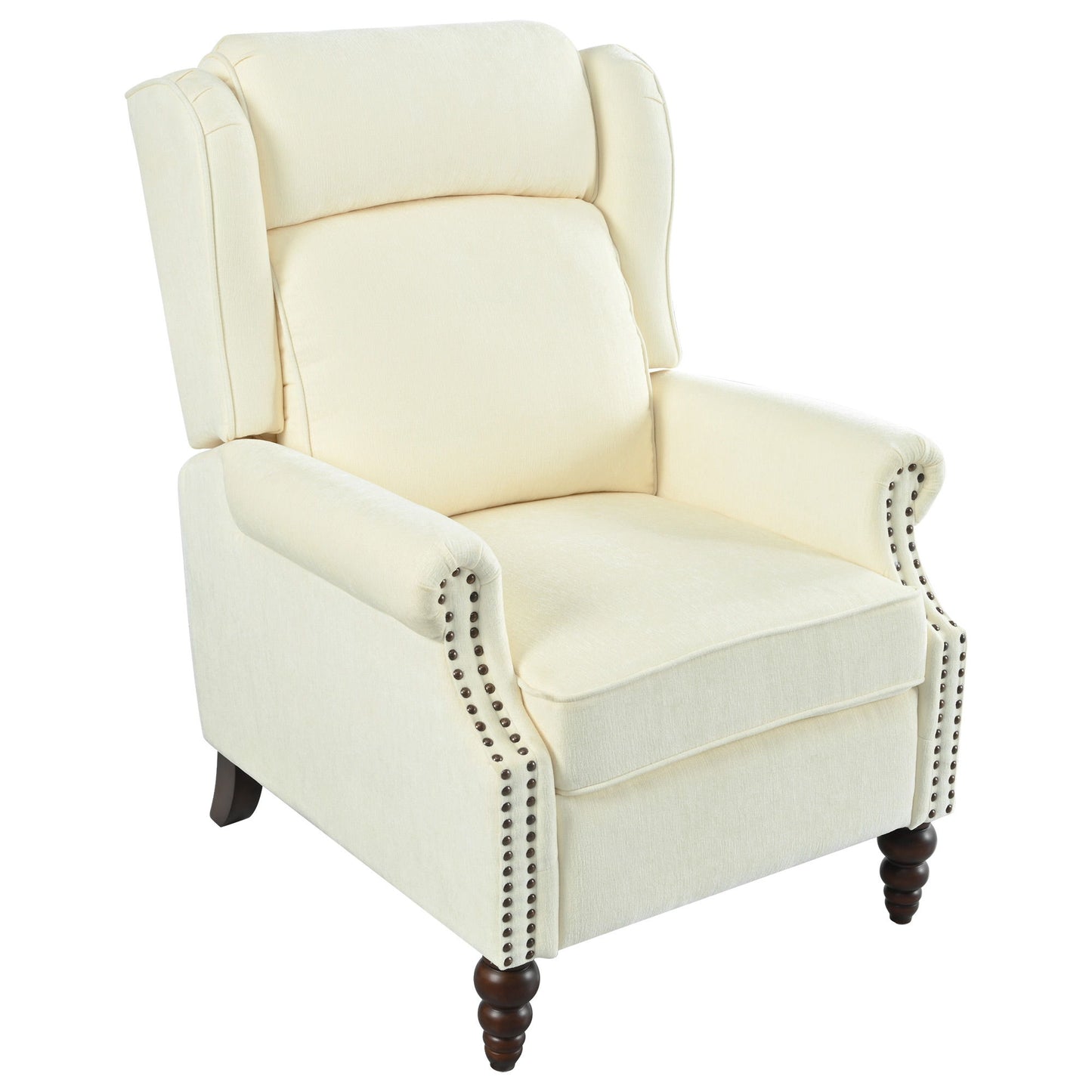 Push Back Recliner Chair Upholstered With Classic Wing Back And Solid Gourd-Shaped Legs For Living Room - Beige