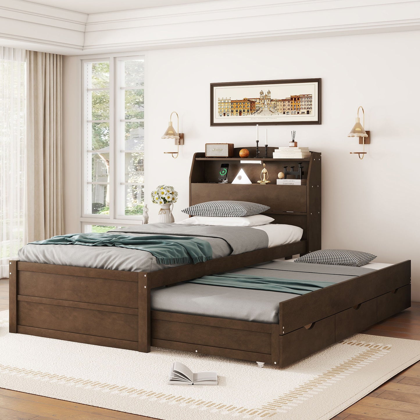 LED Platform Bed With Trundle With Storage Headboard With Drawers