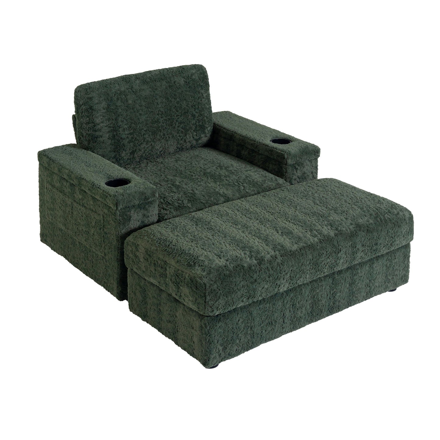 Oversized Chaise Lounge Indoor Rabbit Fur Sofa Bed With Storage Ottoman And Armrests Cup Holders With Deep Seat - Green