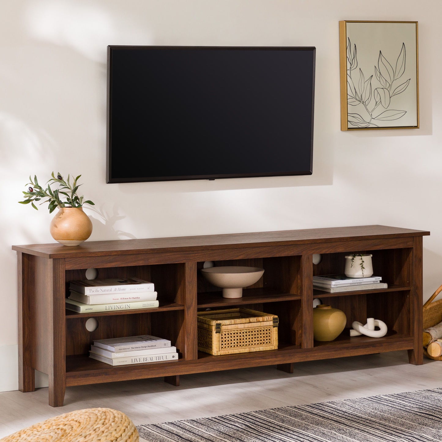 Modern Transitional 3 Shelf Open Storage 70" TV Stand For 80" TVs - Rustic Oak