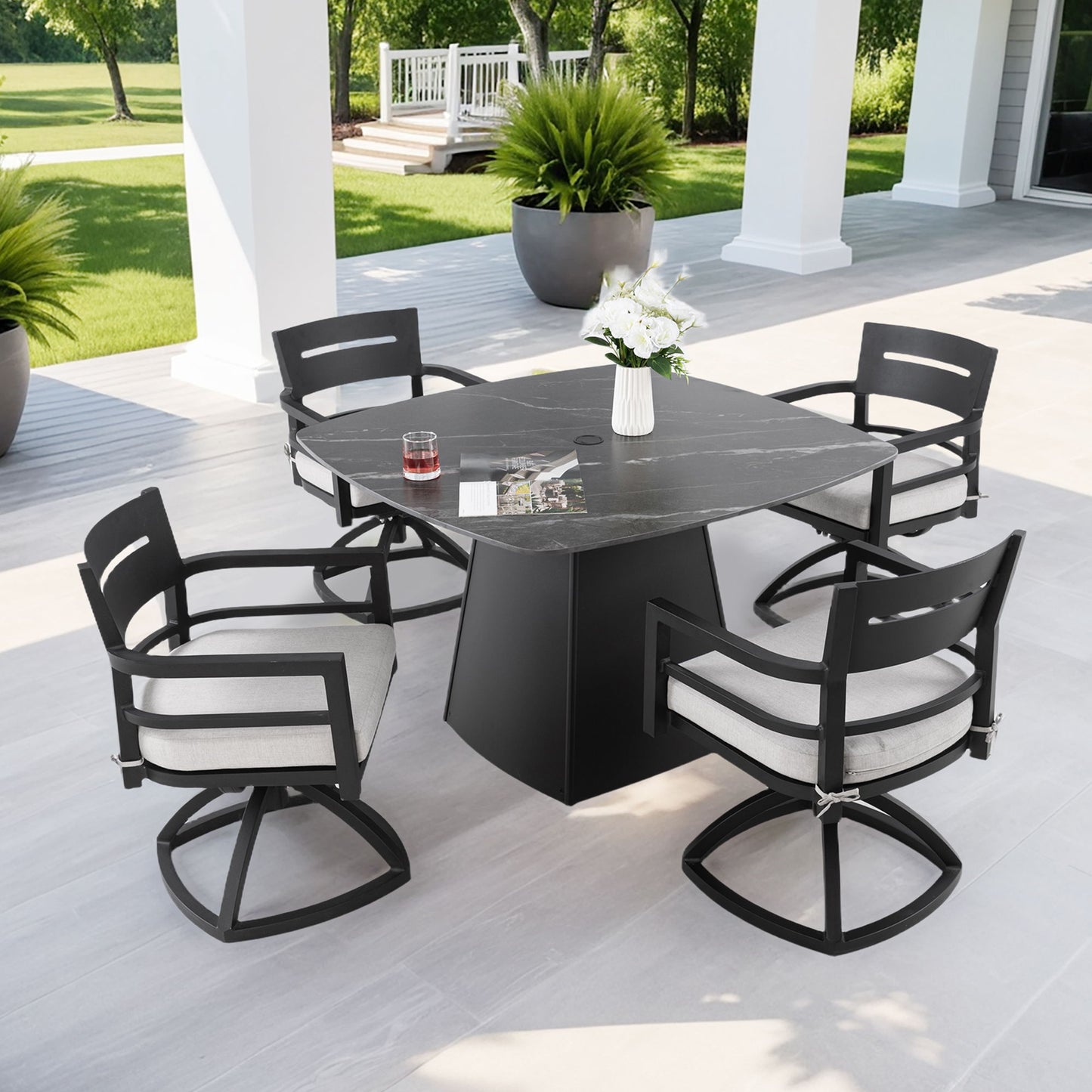 5 Piece Outdoor Pedestal Dining Set, Rounded Square Table With Flared Base And 4 Swivel Rockers - Ember Black