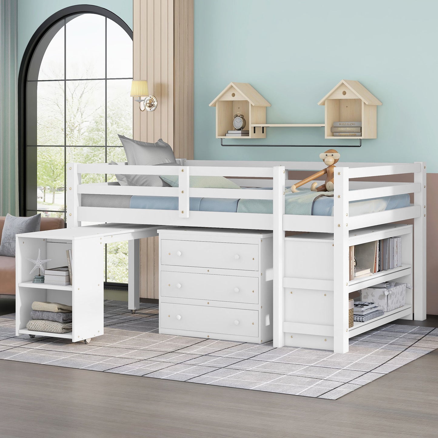 Loft Low Study Bed With Cabinet, Shelves And Rolling Portable Desk, Multiple Functions