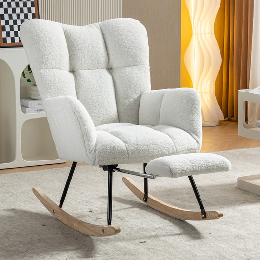 Teddy Fabric Rocking Chair With Adjustable Footrest - Ivory