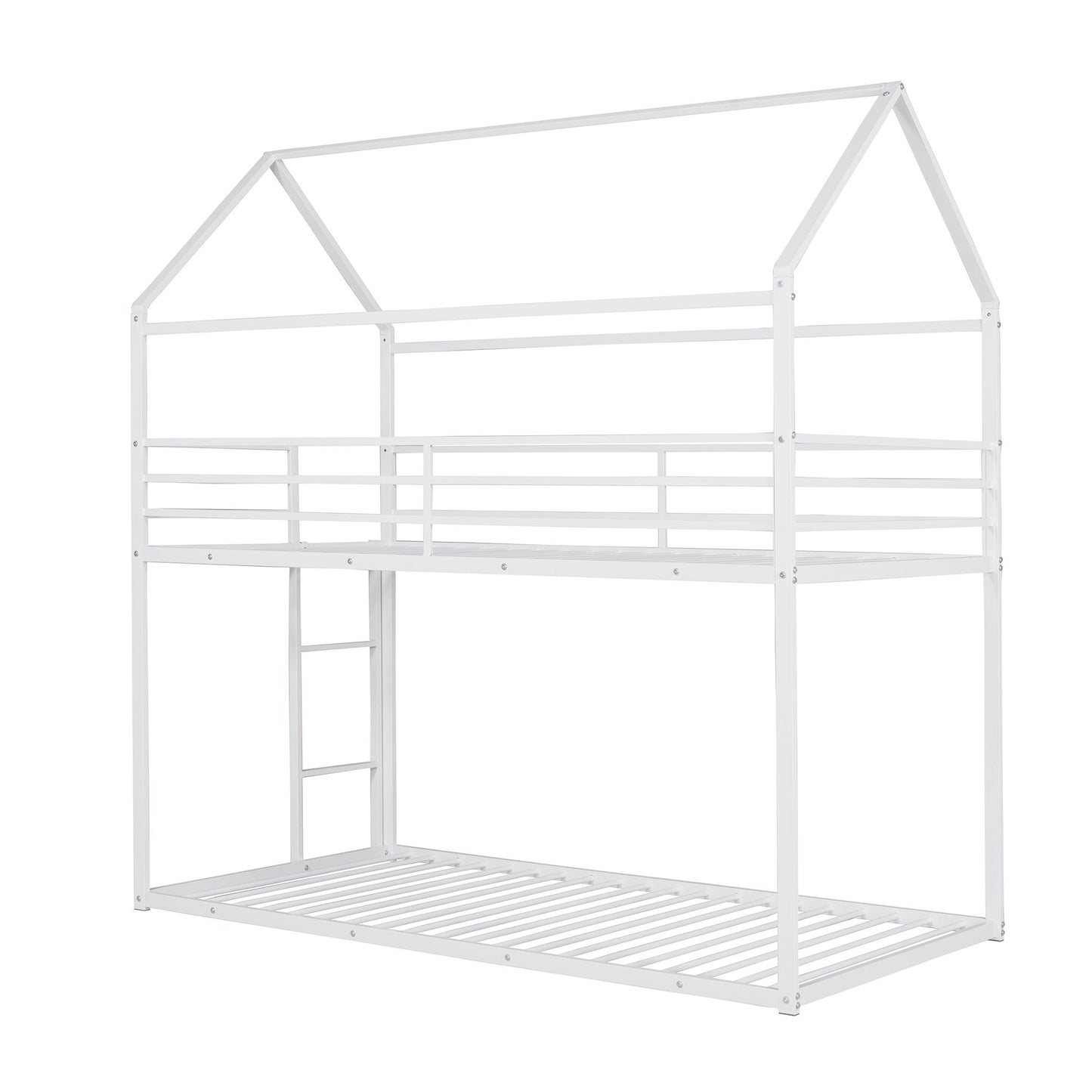 House Bunk Bed Metal Bed Frame Built-In Ladder, No Box Spring Needed