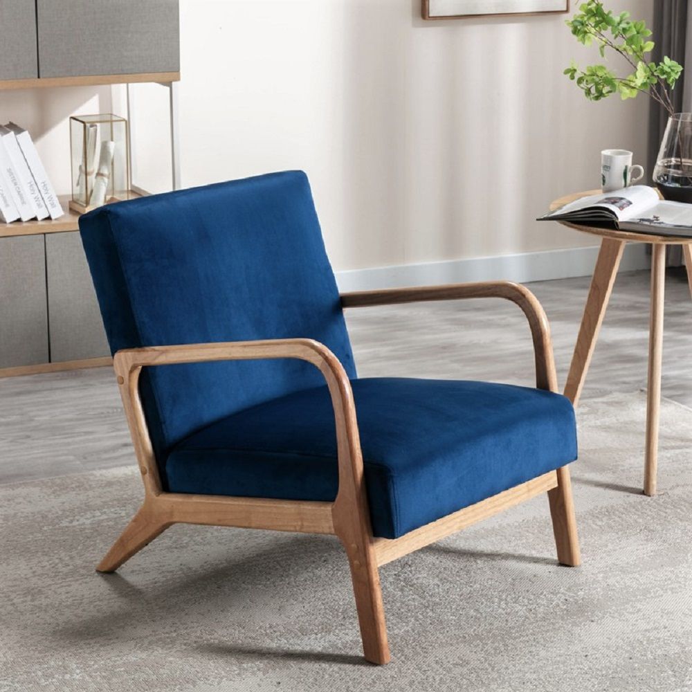 Classic Mid-Century Modern Accent Chairs, Open Framed Armchair With Cushioning - Blue