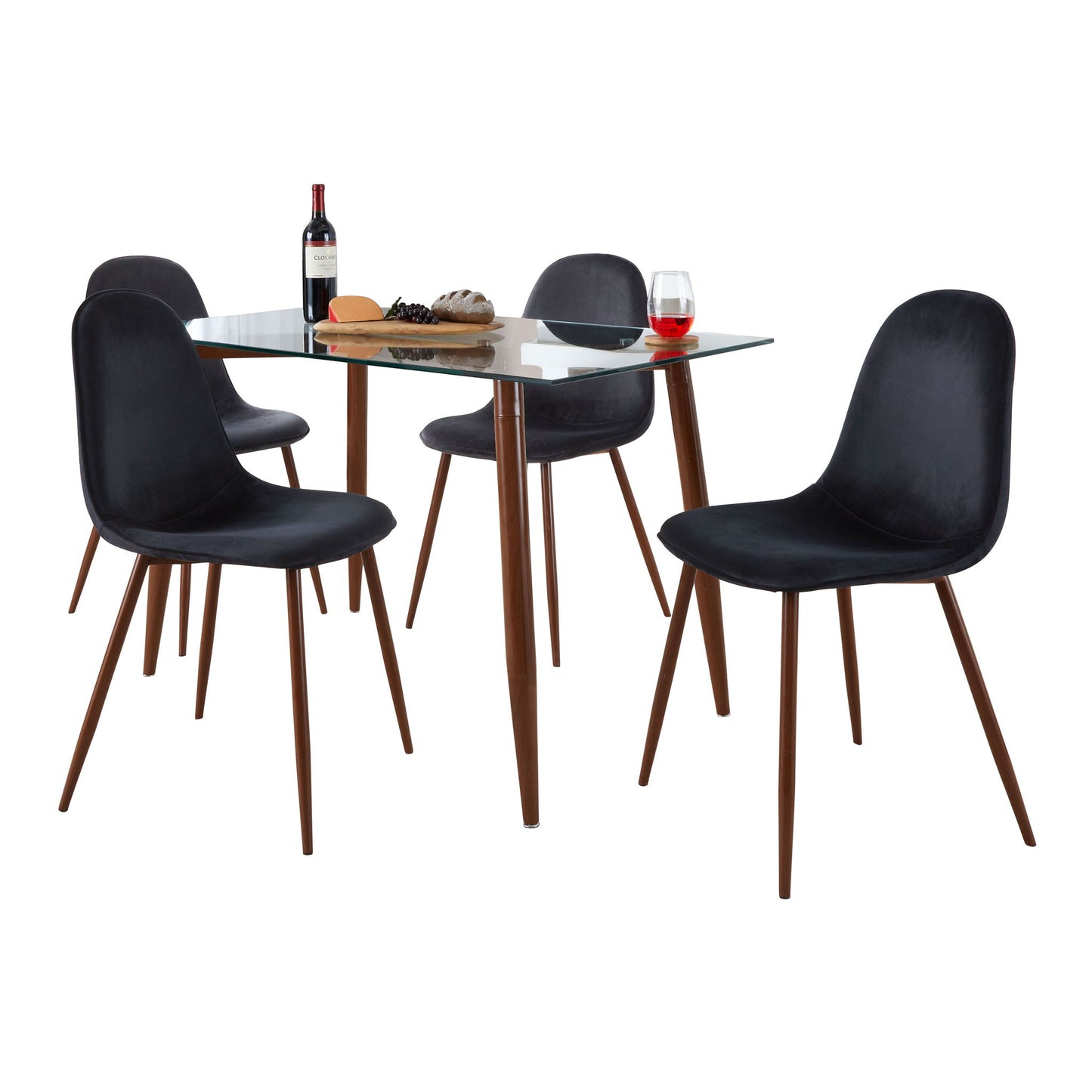 Clara Pebble - 5 Piece Mid-Century Modern Dining Set - Walnut / Black