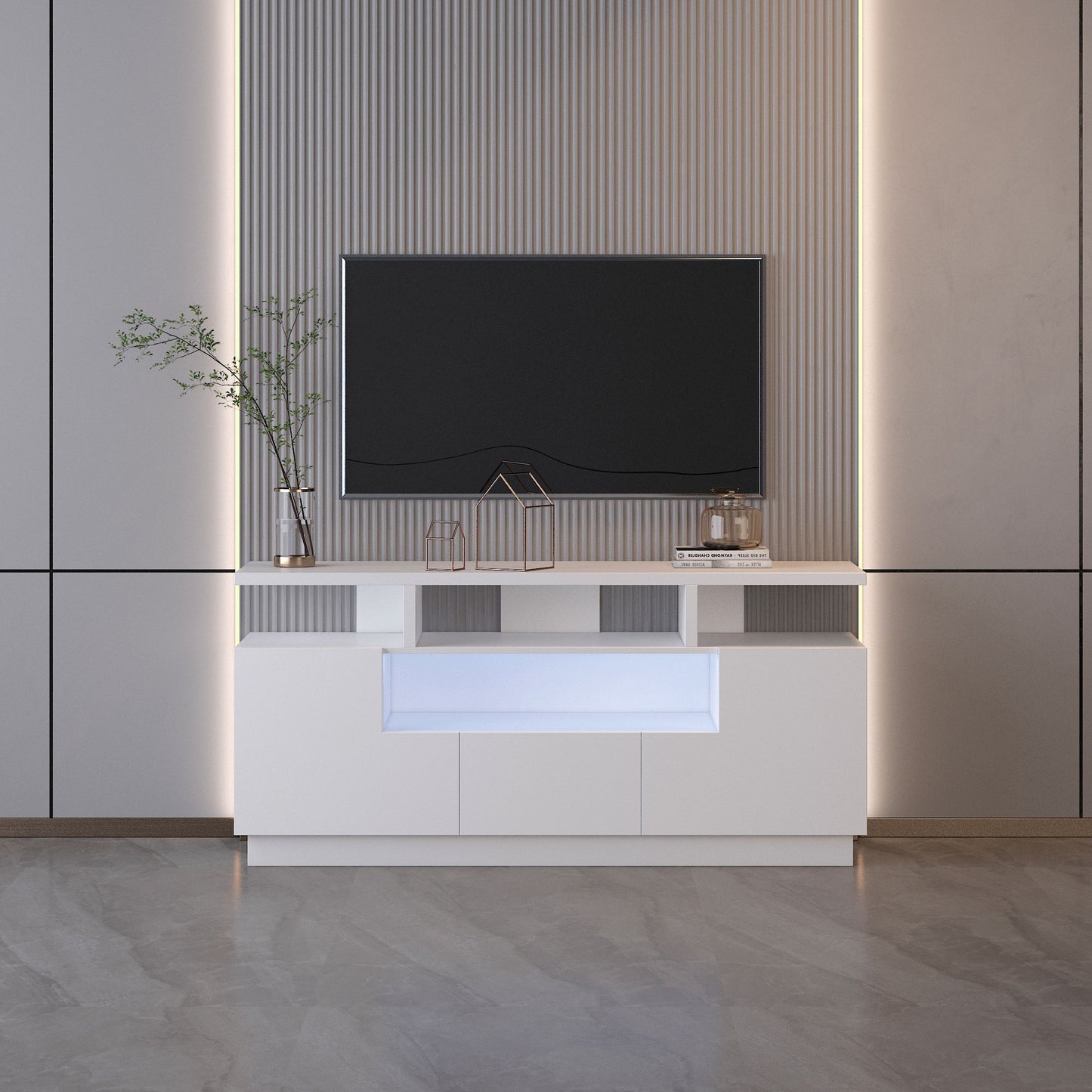 Alexa - Contemporary TV Stand With Lights In Glossy Melamine - White