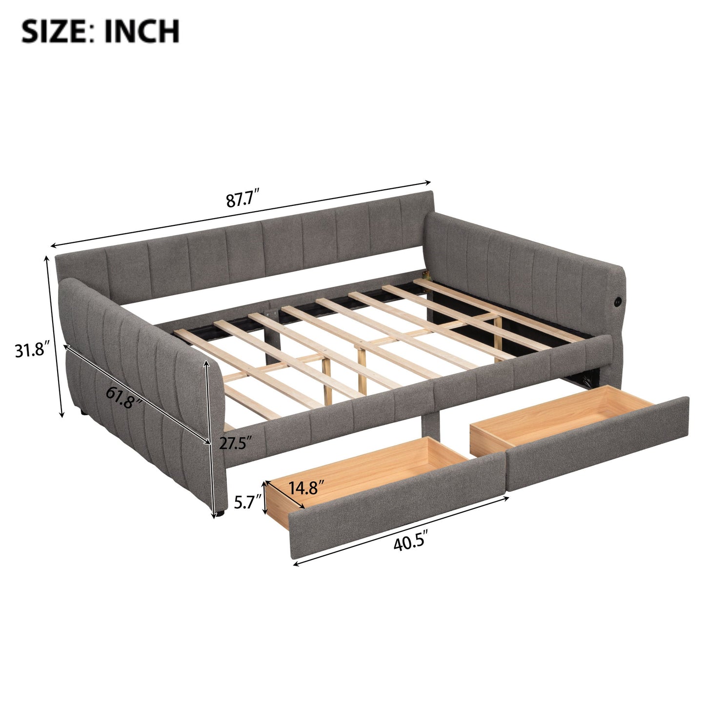 Queen Size Upholstered Platform Bed With USB And 2 Drawers, Lambswool Material - Gray