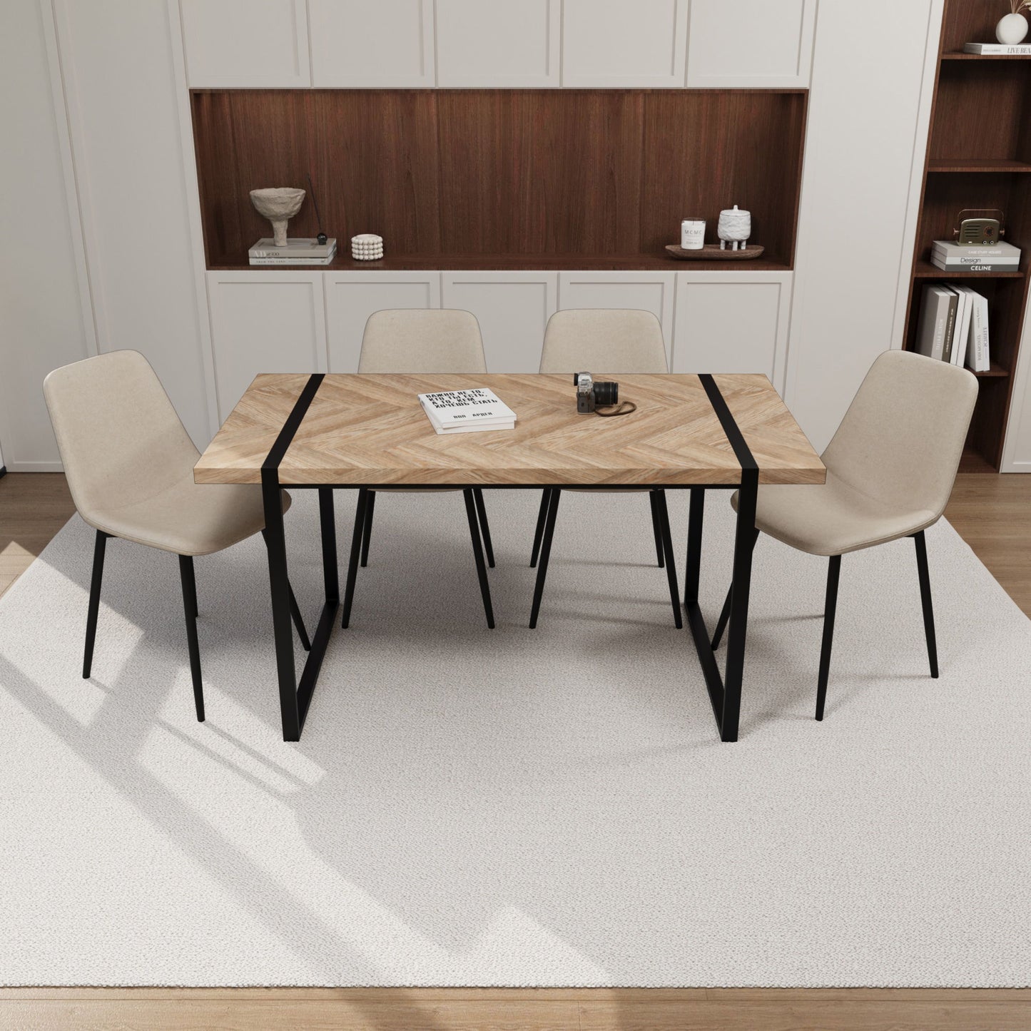Modern Dining Table & Suede Chair Set WIth Rectangular Metal Base