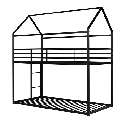 House Bunk Bed Metal Bed Frame Built-In Ladder, No Box Spring Needed