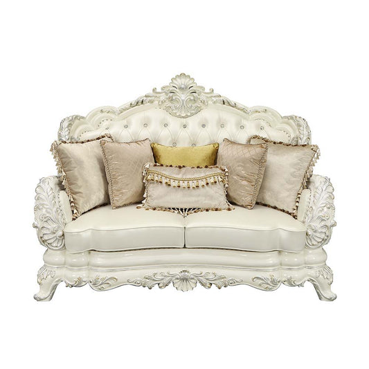 Adara - Loveseat With 5 Pillows - Pearl White Synthetic Leather & Antique White