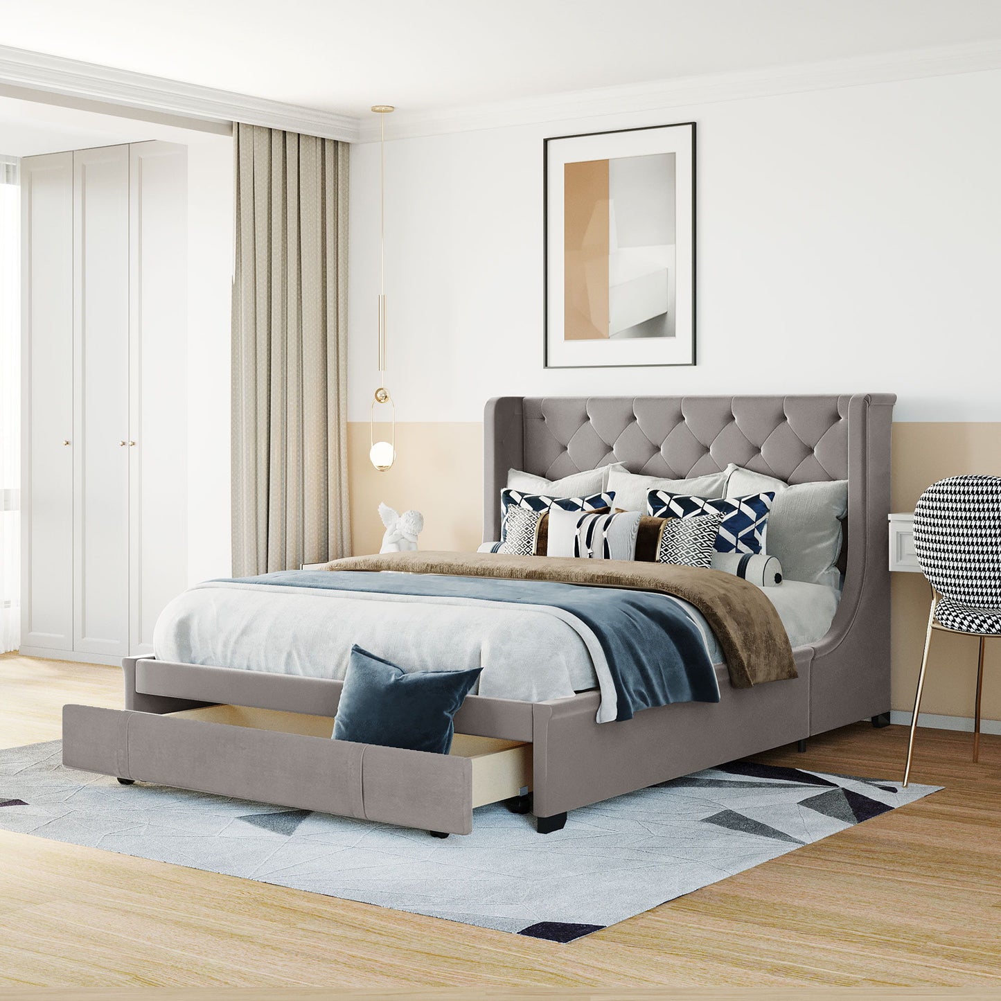 Storage Bed Velvet Upholstered Platform Bed With Wingback Headboard And A Big Drawer