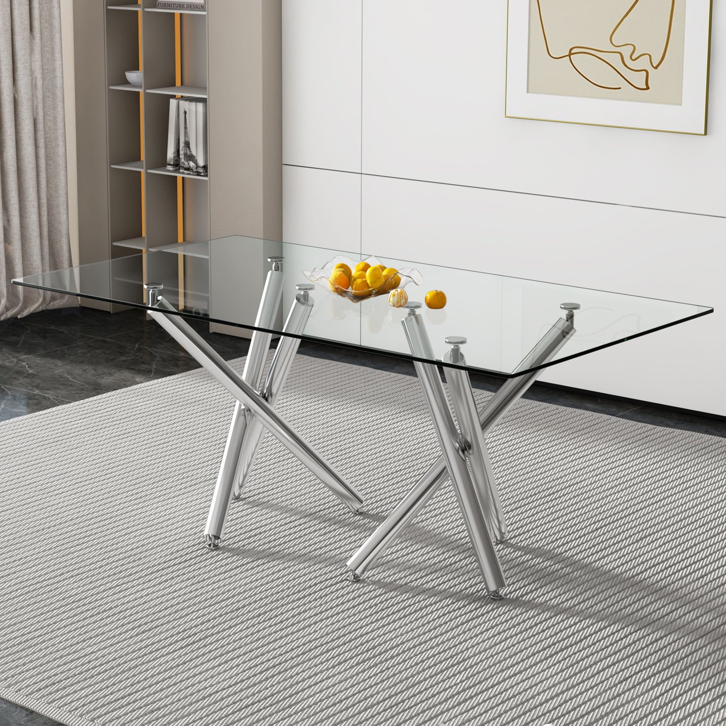 Modern Minimalist Rectangular Glass Dining Table With Tempered Glass Top And Chrome Legs For Kitchen - Silver / Transparent