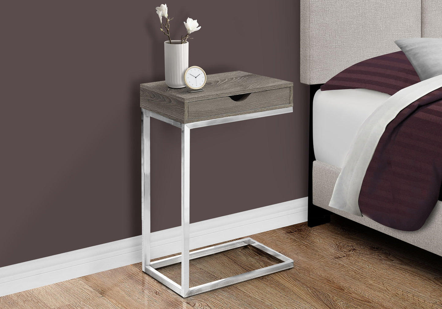 C-Shaped Accent Table Storage Drawer For Living Room - Taupe