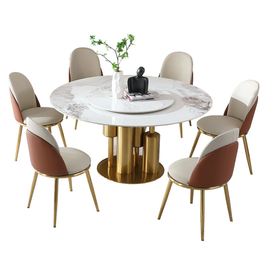 Round Stone Burning Table, Modern Marble Dining Table With Chairs
