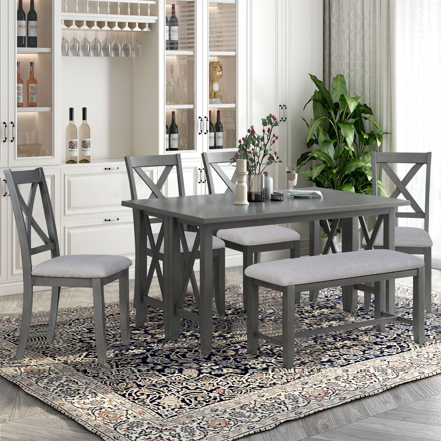 6 Piece Family Dining Room Set, Space Saving Foldable Table And 4 Chairs With Bench