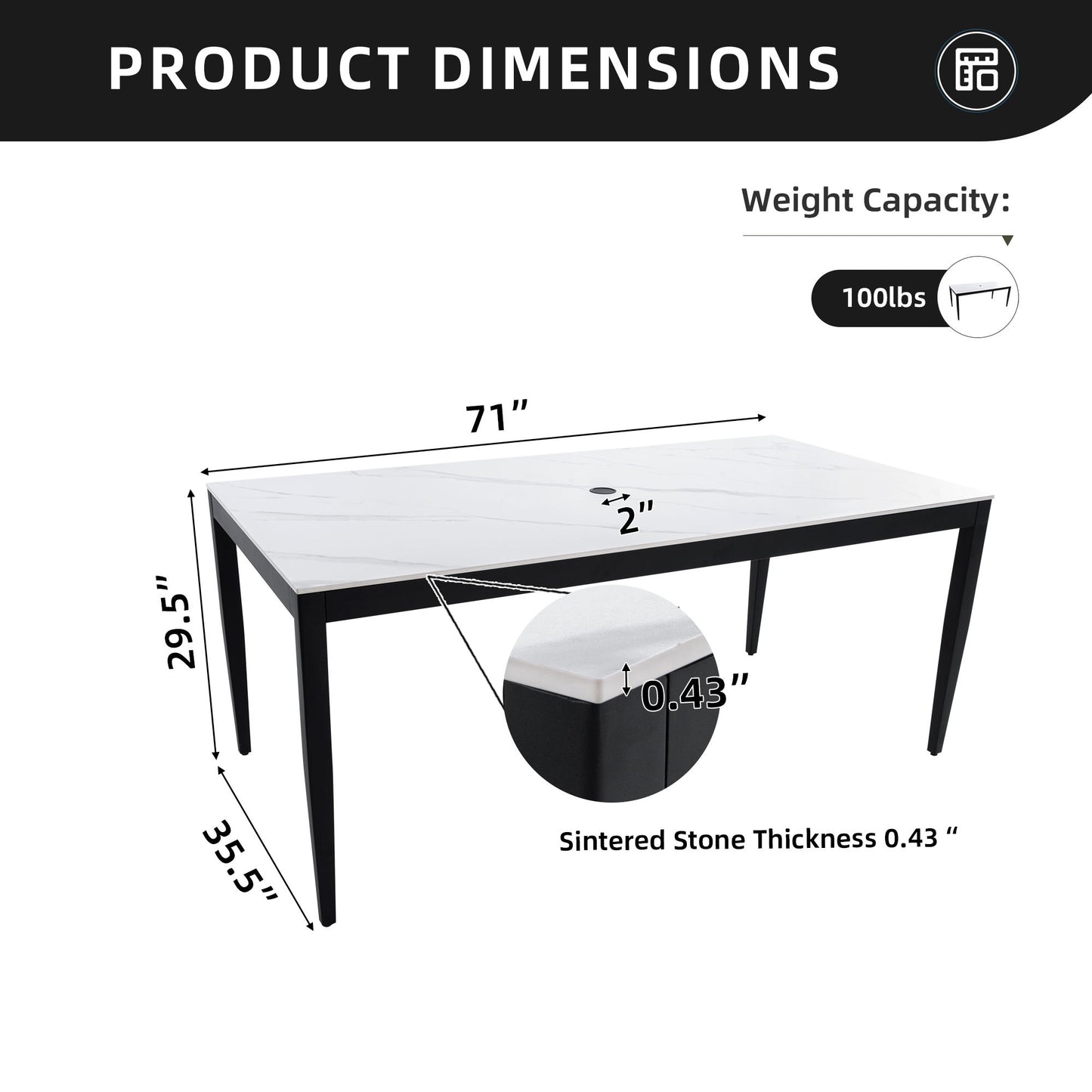 Outdoor Modern Patio Dining Table, Post Tapered Legs Seats 6, Weatherproof & Rust Free - Ember Black / White