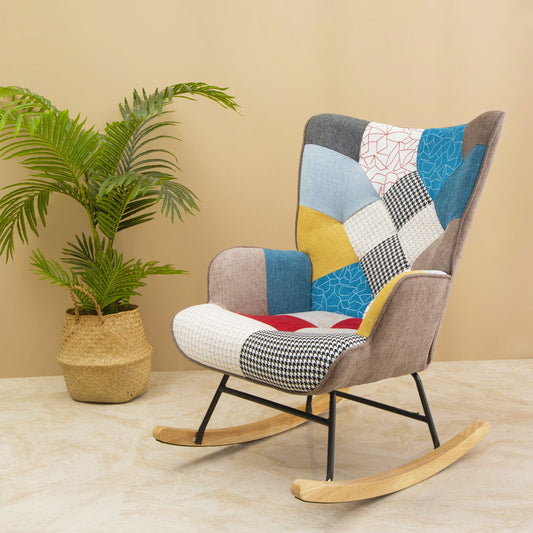 Rocking Chair, Mid-Century Fabric Rocker Chair With Wood Legs And Patchwork Linen For Livingroom Bedroom - Multicolor