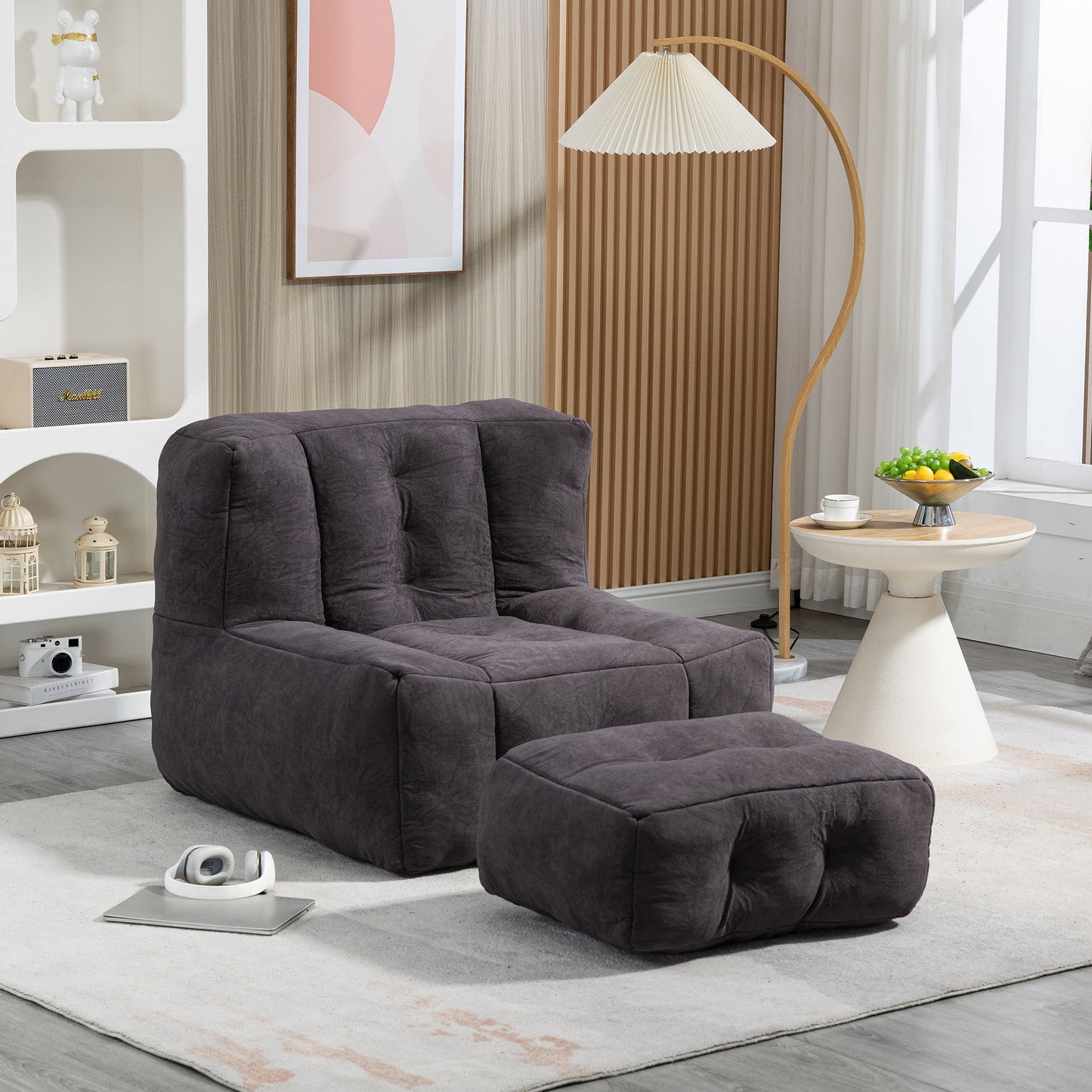 Modern Indoor Fluffy Bean Bag Chair With Memory Foam And Ottoman, Super Soft