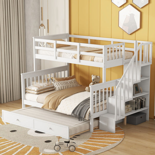 Bunk Bed With Twin Size Trundle, Storage And Guard Rail For Bedroom