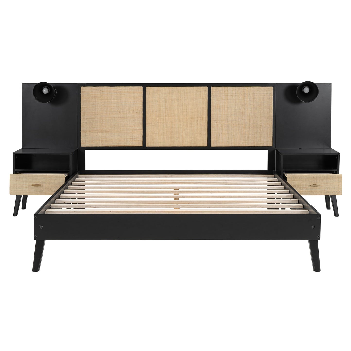 Queen Size Bed Frame With 2 Nightstands Elegant Design With Lamps - Black