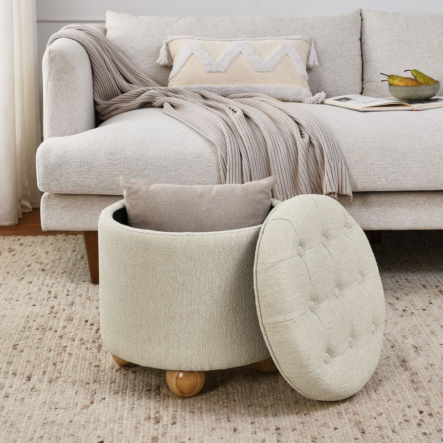 Modern Round Linen Storage Ottoman With Table Top Lid And Storage Space
