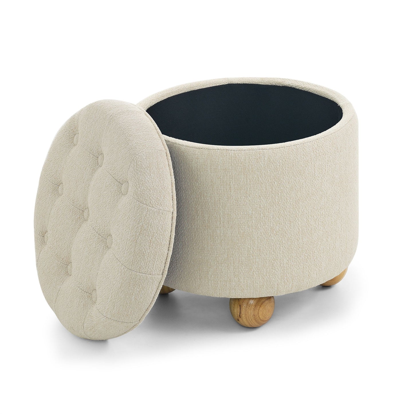 Modern Round Linen Storage Ottoman With Table Top Lid And Storage Space
