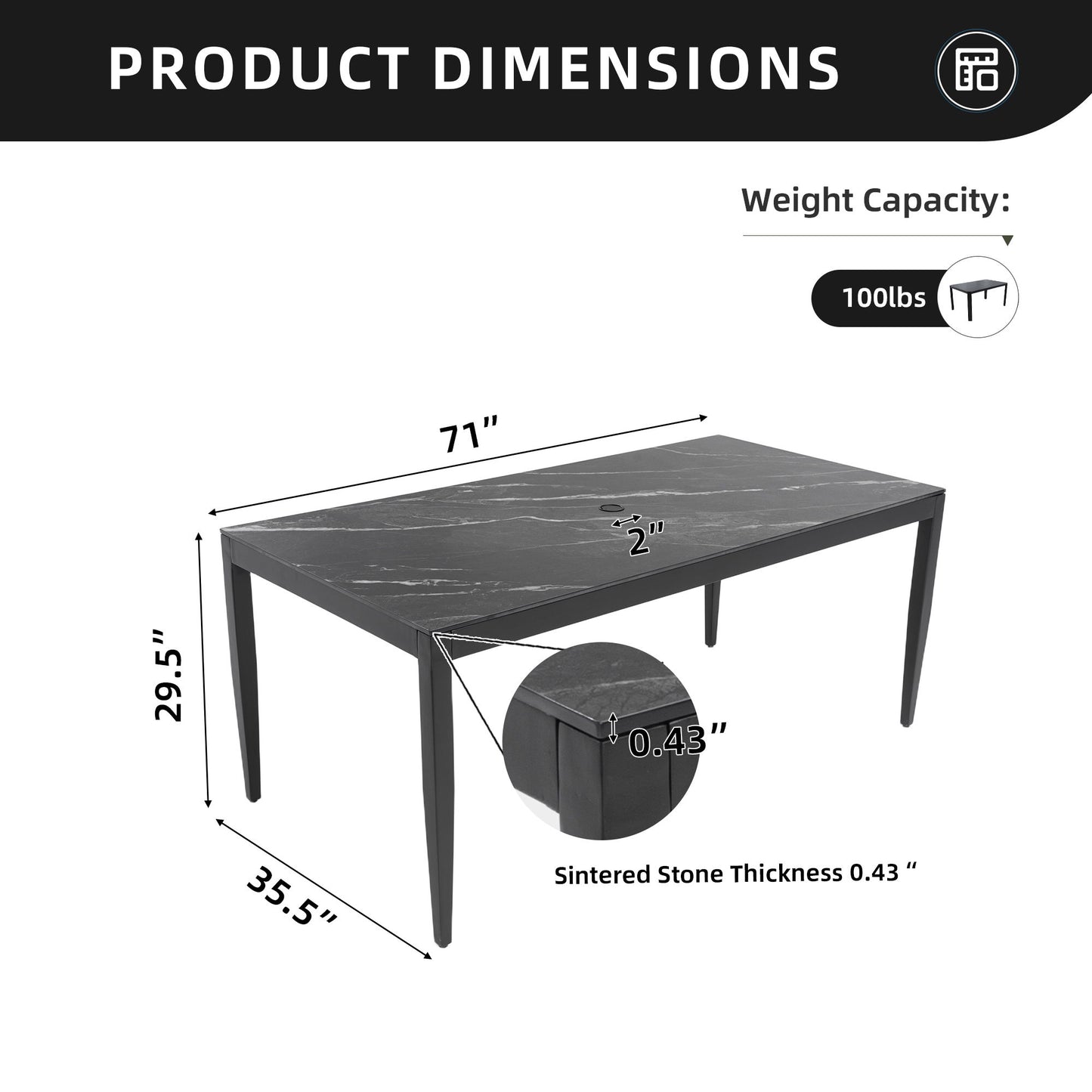 Outdoor Modern Patio Dining Table, Post Tapered Legs Seats 6, Weatherproof & Rust Free - Ember Black