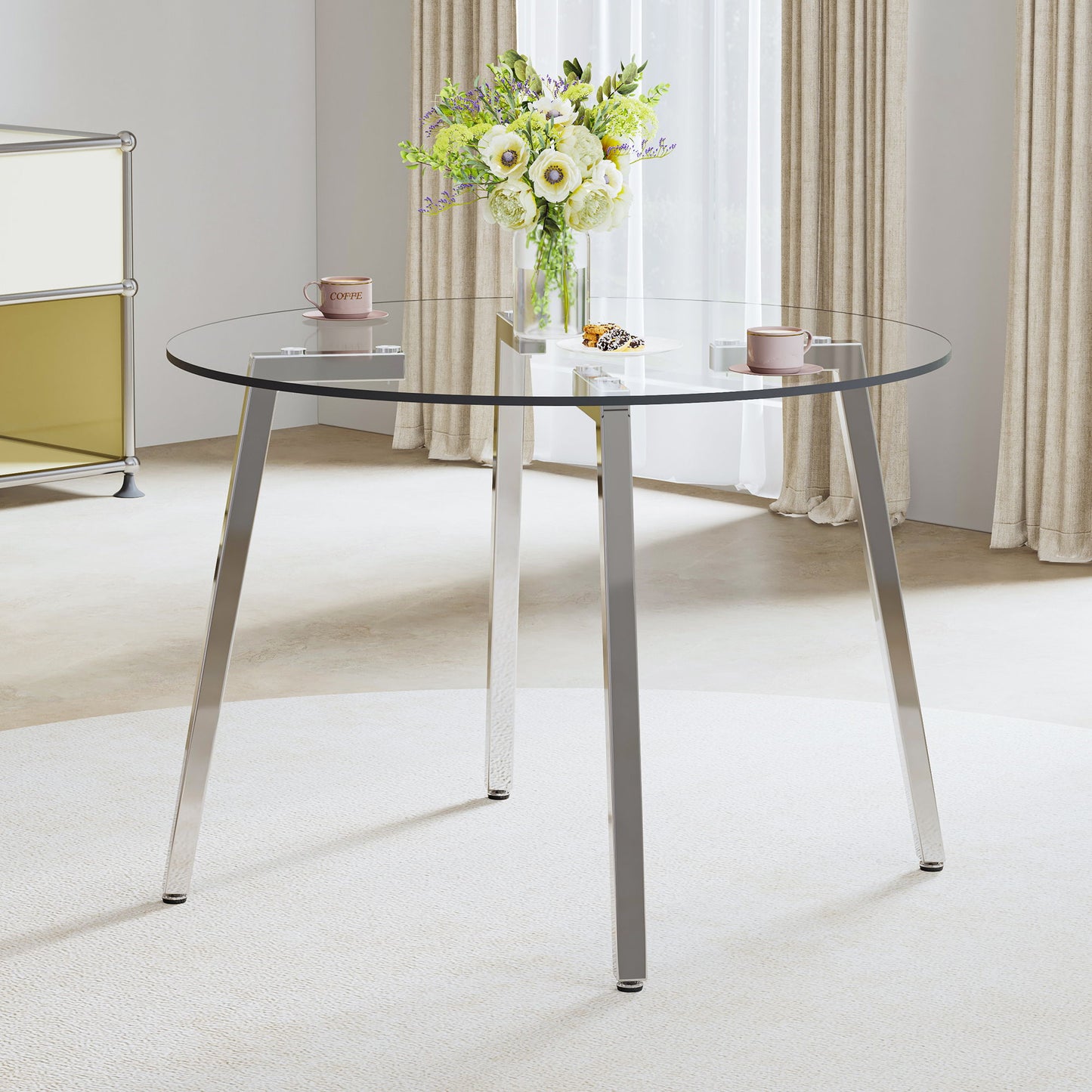 Modern Minimalist Circular Transparent Tempered Glass Table With Metal Legs For Kitchen And Dining Room - Silver / Transparent
