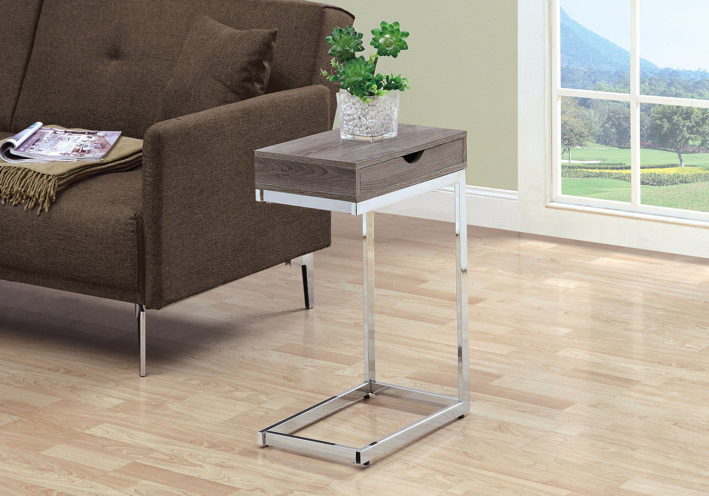 C-Shaped Accent Table Storage Drawer For Living Room - Taupe