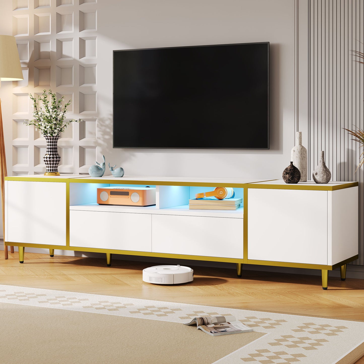 TV Stand For TVs Up To 80", Entertainment Center With 2 Shelves And LED Lights