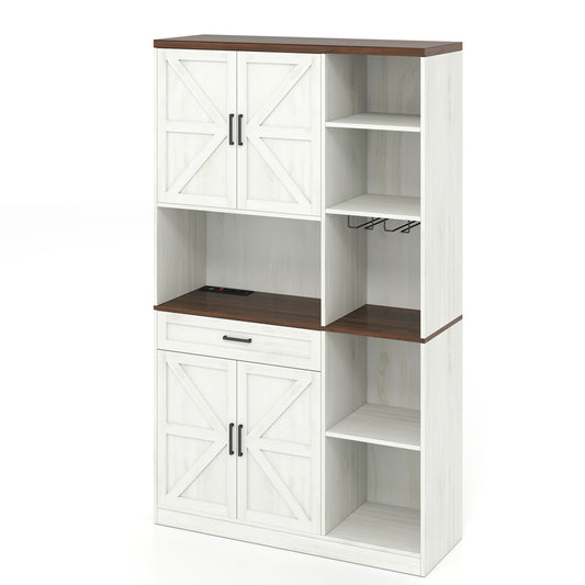 Farmhouse Kitchen Pantry Sideboard With Cabinet And Drawer, Multi Functional Kitchen Buffet With Hutch And Glass Holder, Microwave Stand With Charging Station - Brown / Antique White